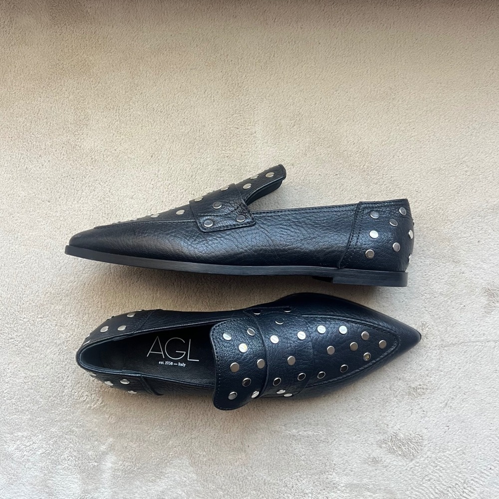 AGL Attilio Giusti Leombruni Women 6.5 EU 36.5 Black Leather Pointy Loafer Studs